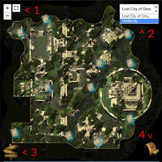 This image shows the zoom buttons in the top left, layer selector on the top right, fast travel in the bottom left, and treasure map link (if applicable) in the bottom right